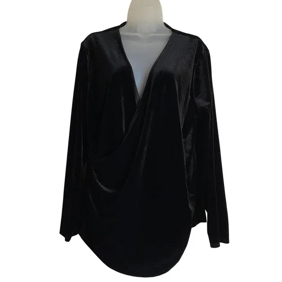 Sundance Womens XXL Black Velvet Wrap Front V-Neck Long Sleeve Blouse Top - Picture 2 of 9